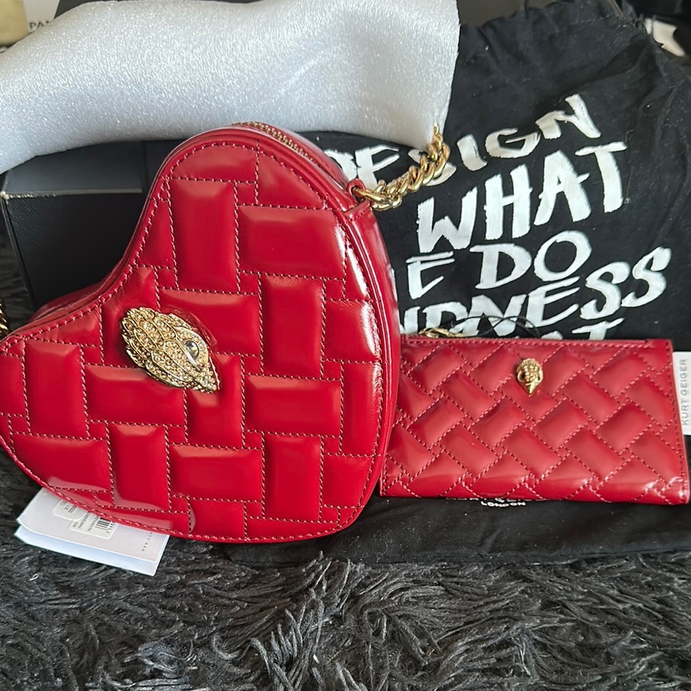 Kurt Geiger Red Quilted Leather Heart Crossbody & Wallet Combo